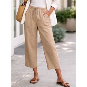 White Stag Beige Cotton Drawstring Pants Small 4/6 Casual Wide Leg Cropped